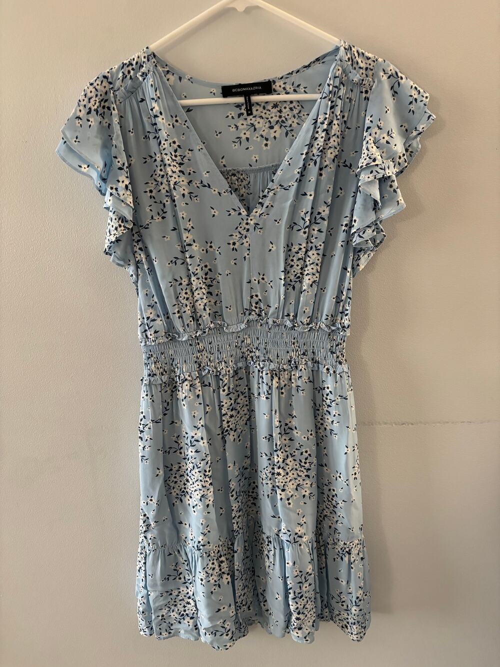 BCBGMaxazria Womens Floral Dress Medium Blue Flutter Sleeve V-neck Spring Fairy